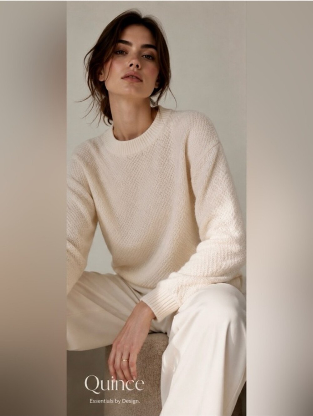 Quince Alpaca Wool Blend Ribbed Crewneck Sweater Cream Ivory XL minimalist